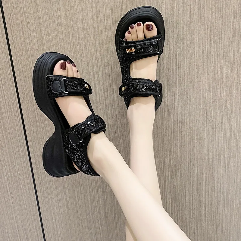 2024 Women Sports Sandals Summer New Fashion Bling Glitter Casual Roman Designer Shoes Girls Platform Sandal