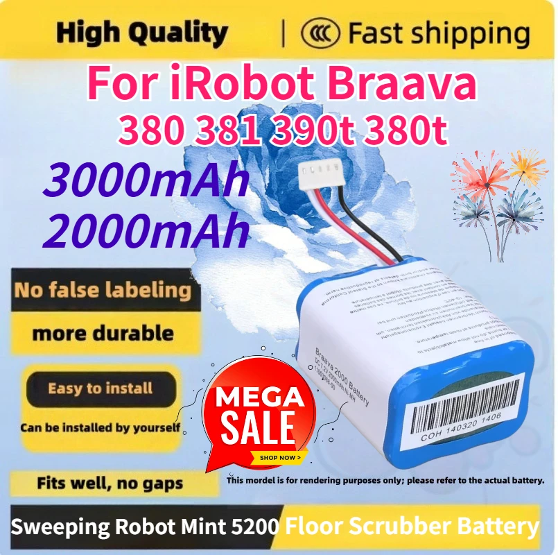 

3500mAh 2000mAh Rechargeable Lithium Battery for iRobot Braava 380 381 390t 380t Sweeping Robot Mint 5200 Floor Scrubber Battery