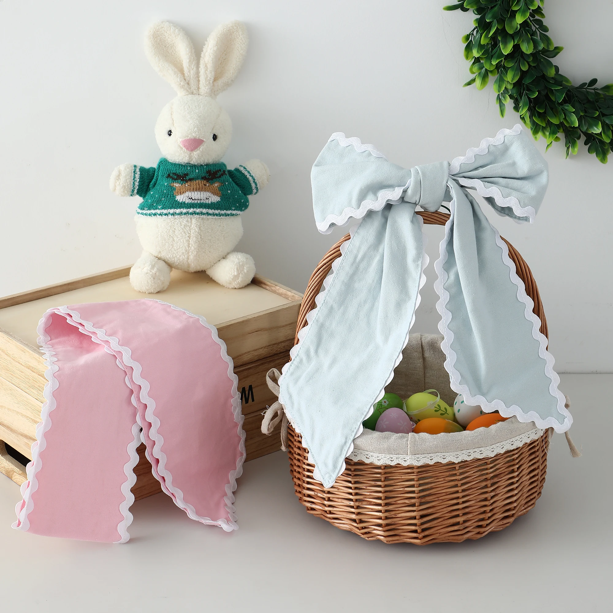 Ric Rac Kranz Schärpen Gingham Canvas Osterkorb Schleife Perfekt für Korb Baby Tür Dekor Festival Party Supplies Babyparty – Detail 5