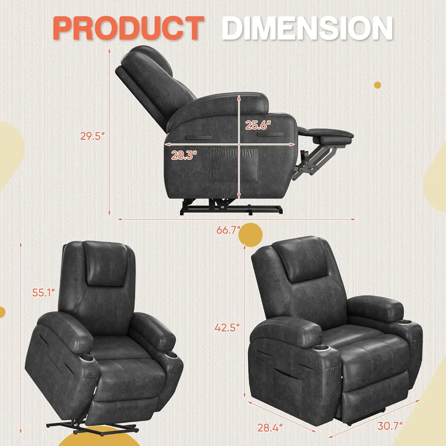 Electric Lift Recliner Chair with Massage, Corduroy, Remote Control, Cup Holders, Side Pockets - Dark Gray