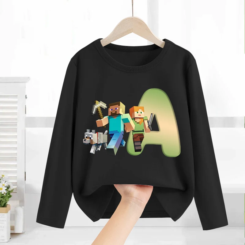 

Game Theme Round Neck Long Sleeve Minecrafted Long Sleeve Casuals Letters Print Tops Autumn Children Clothing Birthday Xmas Gift