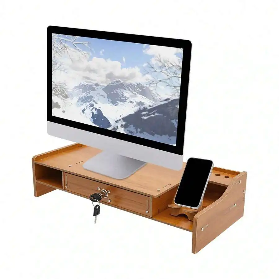 Computer Monitor Screen Raising Stand (SZ08 Side Thickened Cherry Wood)Wood Monitor Riser Drawer With Lock Computer Laptop PC St