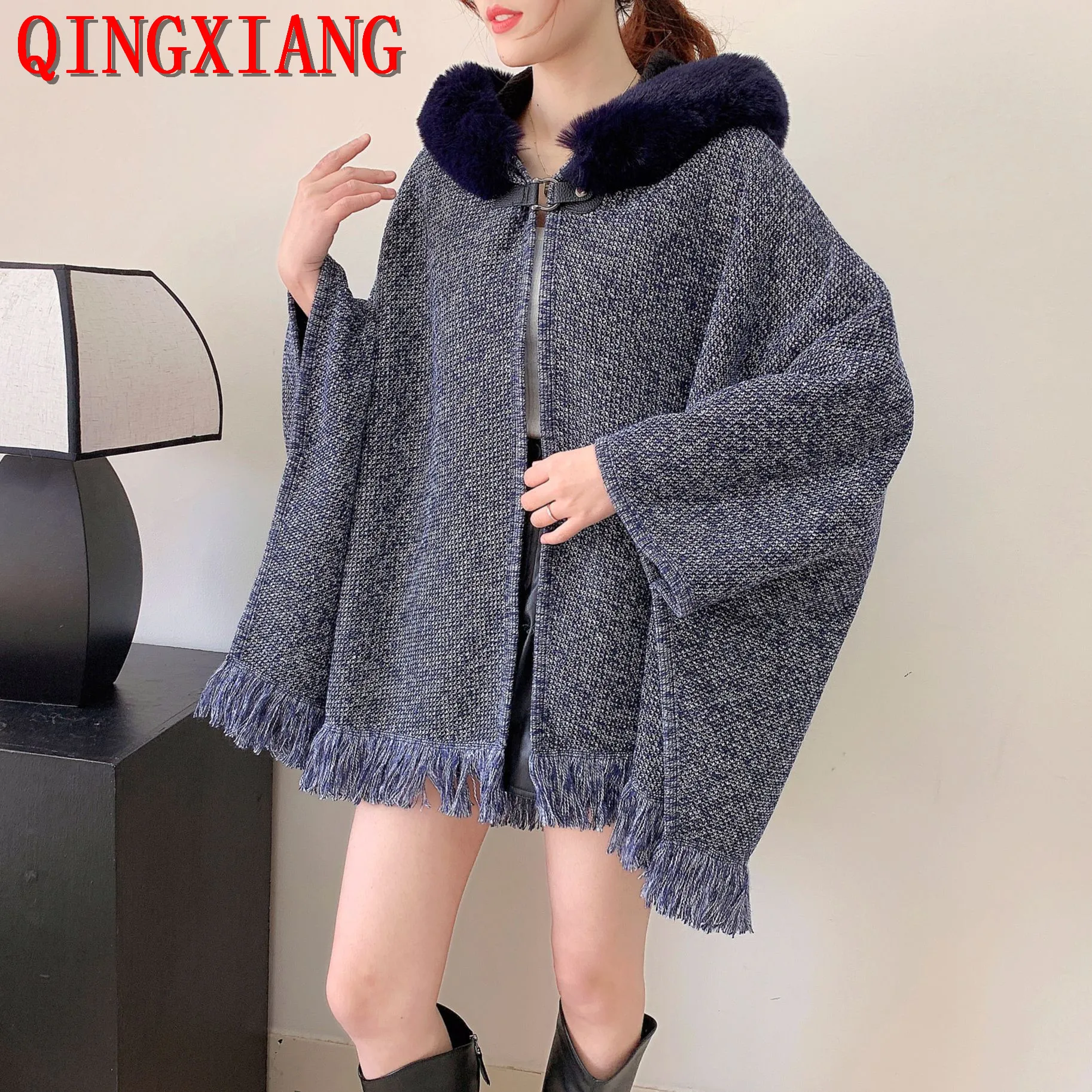 

2023 Women Winter Thick Lining Velvet Warm Faux Fur Out Streetwear Poncho Cardigan Cloak Batwing Sleeve Loose Overcoat With Hat