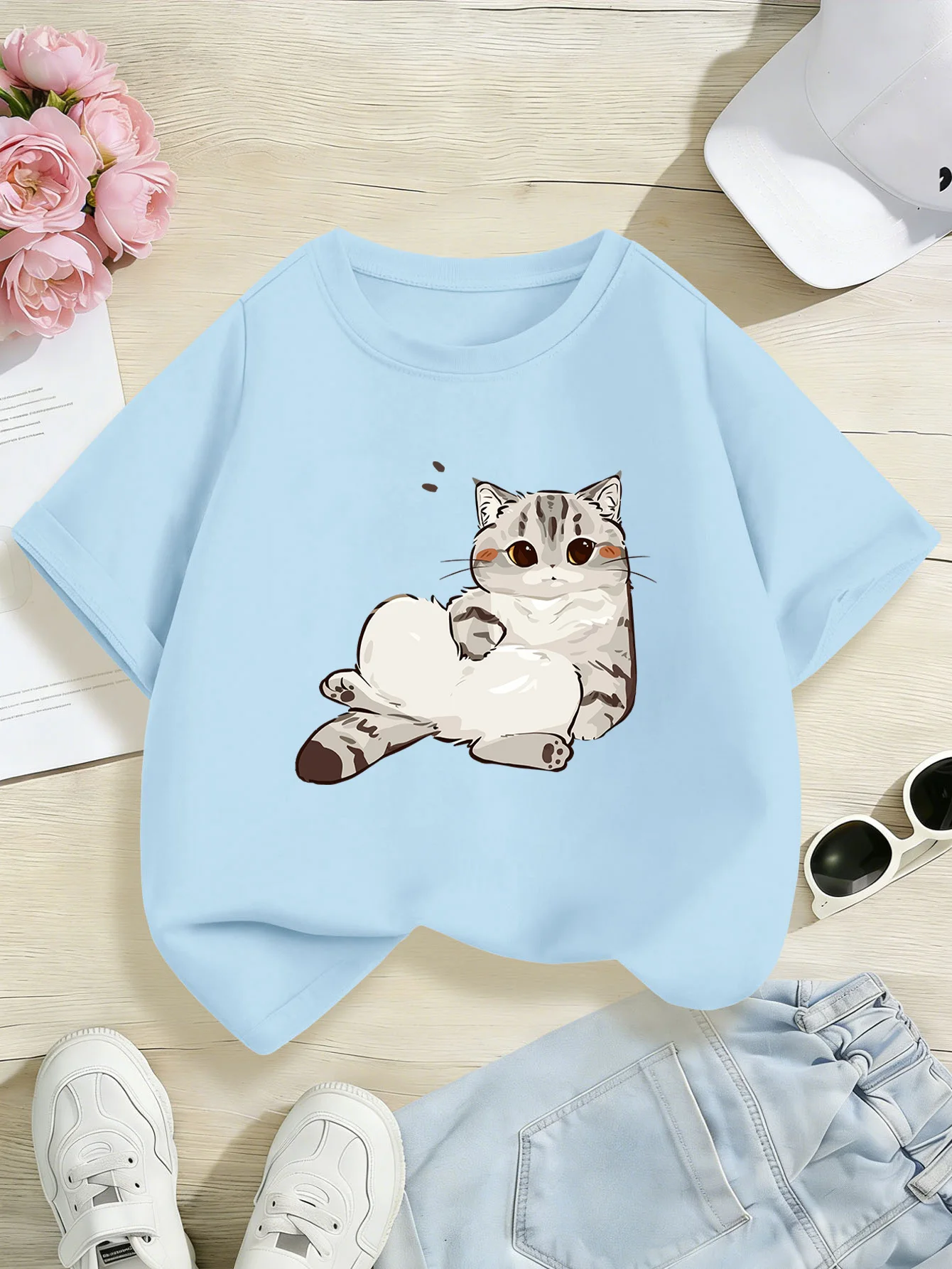 Chubby Fluffy Tabby Kitten Cartoon Print Boys Girls Short Sleeve Tee Parent Match Soft Cotton Kids Gentle Sweet Fashion T Shirts