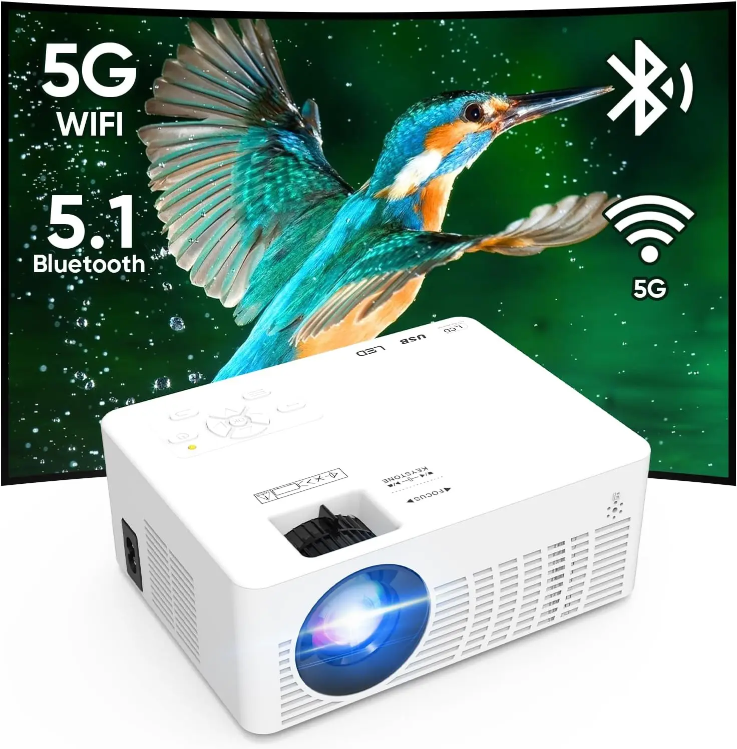 

Мини-проектор с Wi-Fi и Bluetooth, 1080P проектор для просмотра фильмов на открытом воздухе, совместимый с Android, iOS, Windows, TV, HDMI, USB