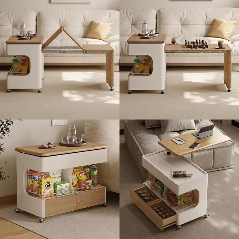 Movable Telescopic Folding Coffee Table with Wheels and Storage Solid Wood Cream Style for Small Apartments and Living Rooms