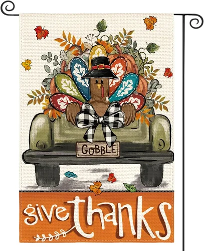 Give Thanks Thanksgiving Garden Flag 12x18 Inch Double Sided Outside, Gobble Tur YYZ