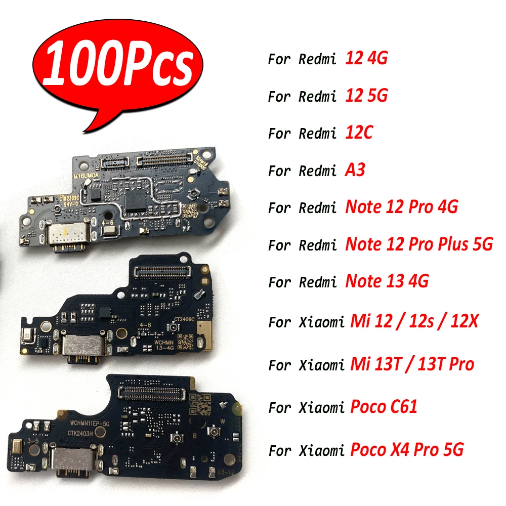 100Pcs，For Xiaomi Mi 12 12S 12X 13T Poco C61 X4 Pro 5G / For Redmi 12C A3 Note 12 Pro Plus 5G 13 4G USB Charging Board Flex