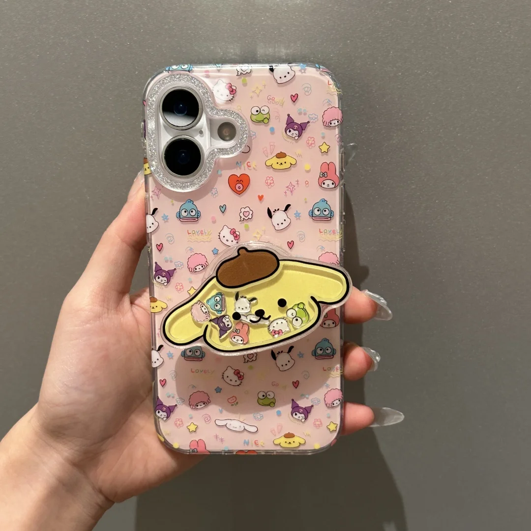 

Cute Pochacco Pom Pom Purin cartoon Shake Stand Holder Phone Case For iPhone 14 15 16 Pro Max Double-Layer Glitter Soft Cover﻿