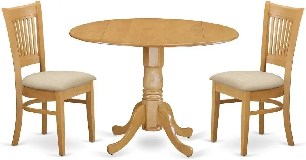 

East West Furniture DLVA3-OAK-C 3 Piece Dining Set Contains a Round Dining Room Table with Dropleaf and 2 Linen Fabric Upholster