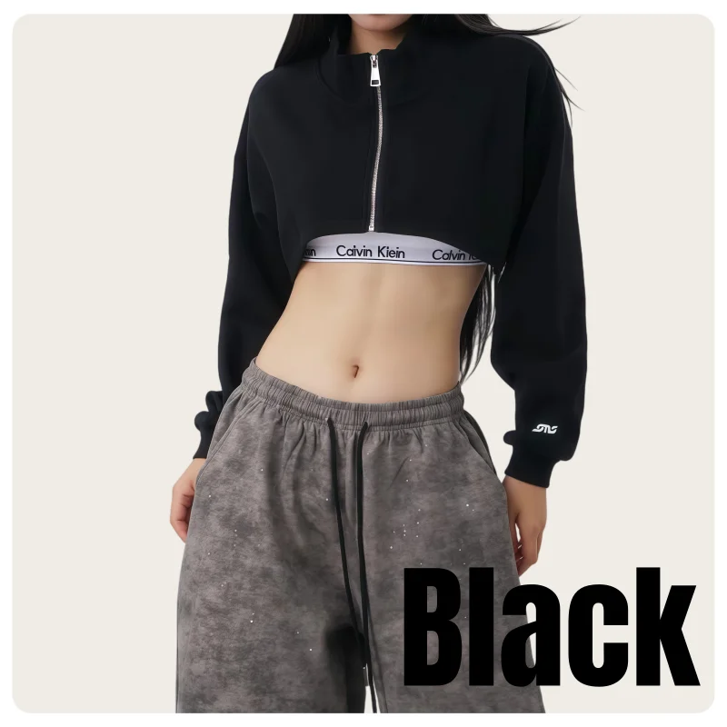 Koreanischer Streetdance-Stil Damen Grau-Schwarzes Locker Sitzendes Kurzes Crop-Top Reißverschluss-Sweatshirt – Detail 7