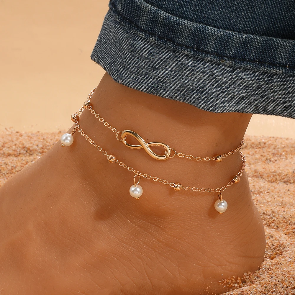 Sumeng Retro Perle Herz Unendlichkeit Doppel deck Fußkettchen Armband Set für Frauen Mode Böhmen Fuß Strand Fußkettchen Kette Schmuck