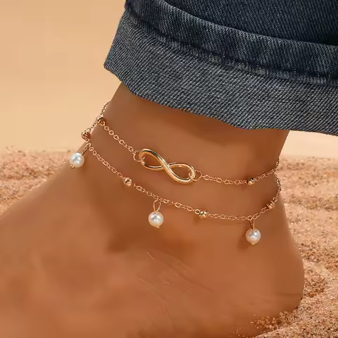 SUMENG Retro Pearl Heart Infinity Double-Deck Anklet Bracelet Set For Women Fashion Bohemia Foot Beach Anklets Chain Jewelry