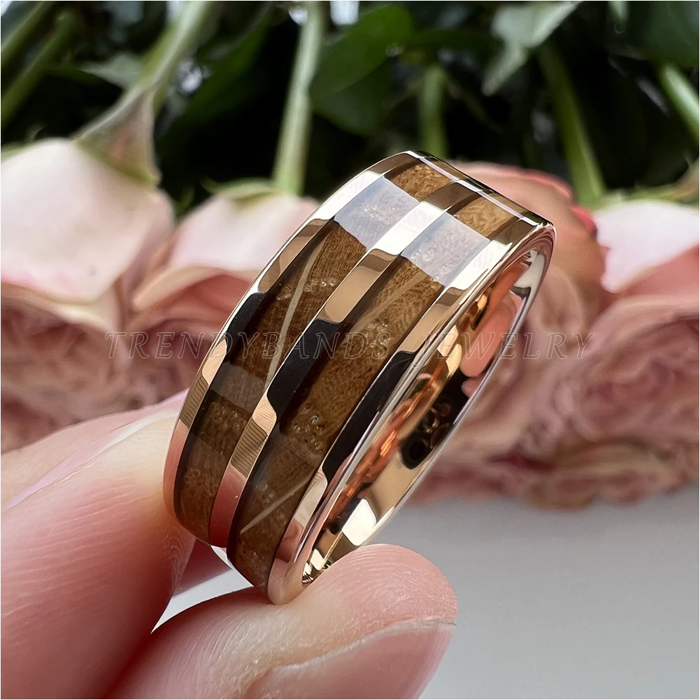 8 mm Herren- und Damenring, Wolfram-Ehering, Paar-Modeschmuck, Whiskyfass, Holzeinlage, poliert, glänzend, bequeme Passform – Detail 18