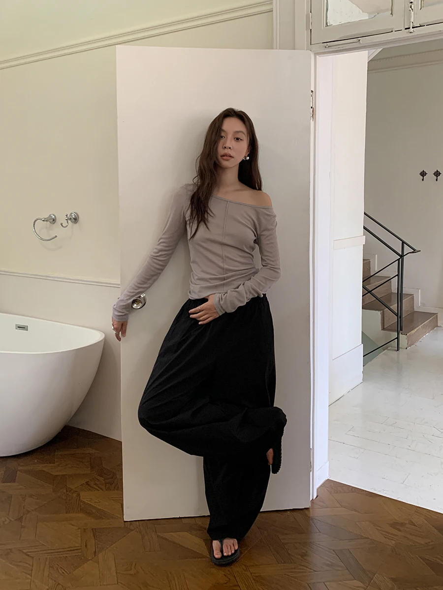 

Two-Way Wear Slim Fit Long Sve T-irt Women's Faionable Base irt Sixi Quartet Happin Home Knitted Korean Sle