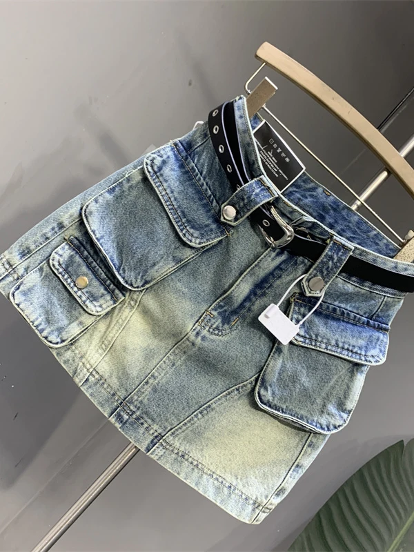 Ropa de trabajo vaquera Retro coreana Sle novedad de verano combinación Simple adelgazante chica caliente cintura alta falda acampanada Multi ket