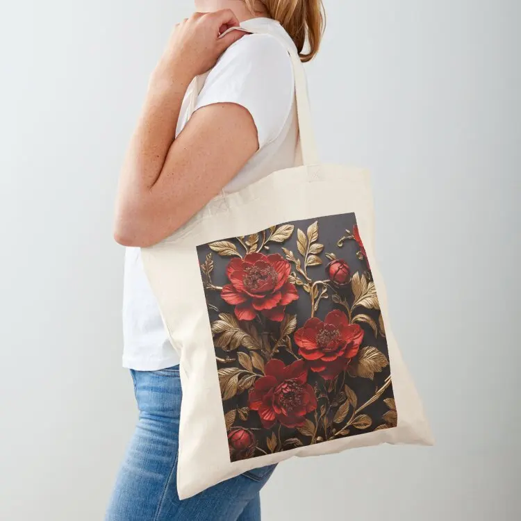 Red roses Gold leafs leaves Tote Bag