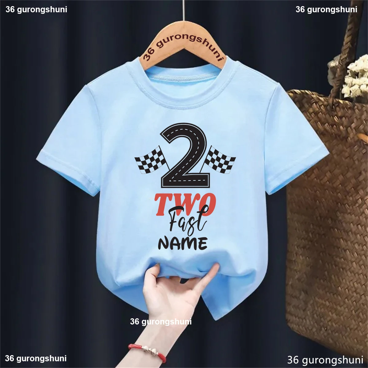 

Custom Name Two Fast Racing Flags Printed T Shirt Girls Boys 2nd Birthday Gift For Boys Kawaii Kids Clothes Short Sleeve Shirt
