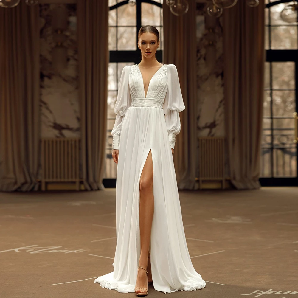 Elegant Chiffon Wedding Dresses Deep V Neck Long Sleeves Bridal Gowns Appliques Floor-Length A-Line High Slit Весільна сукня