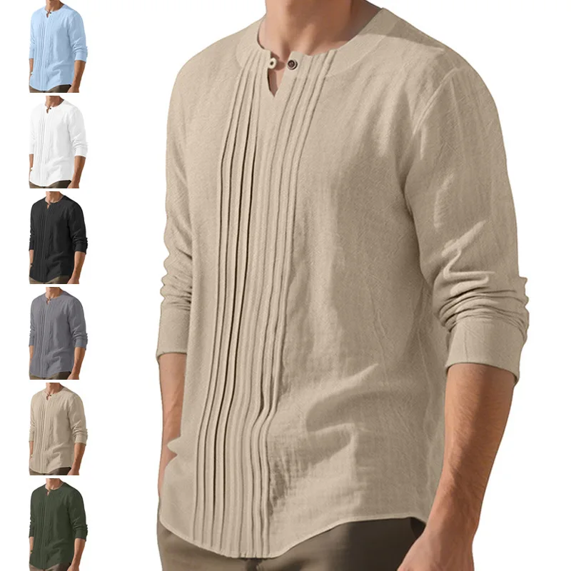 Men's Linen Blend Henley Shirt Long Sleeve Pleated Front Stand Neck Loose Casual Beach Shirts Male Daily Tops