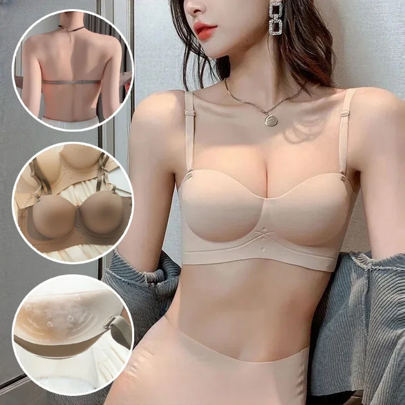 Reggiseno push up senza ferretto con design senza cuciture e mezza tazza per seni piccoli, sollevamento e supporto con spalline staccabili