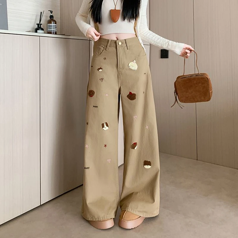 Women Wide Leg Jeans Spring Sweet Cartoon Print High Waist Casual Denim Pants Female Vintage Preppy Baggy Scimitar Trouser New