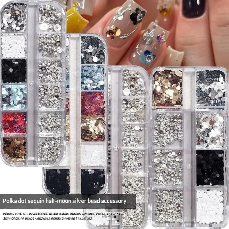 1 Box 6/12 Grids Round Nail Glitter Sparkling Flakes Nail Charms Manicure Decor 3D Spliced Flower Polka Dot Nail Art Sequins