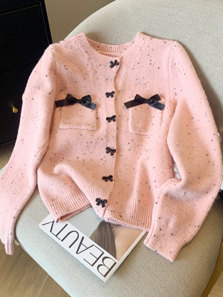 New 2024 Autumn Winter Knitted Sweater Women Korean Fashion Pockets Bow Black White Red Or Pink Cardigan Womens Outwear Tops