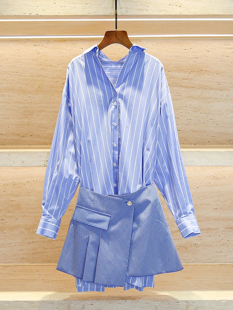 

M Home Nan You High End Women's Casual Striped irt Dr Fake Two-Piece High Waist Cotton Long Sve V-Ne A-Line Skirt