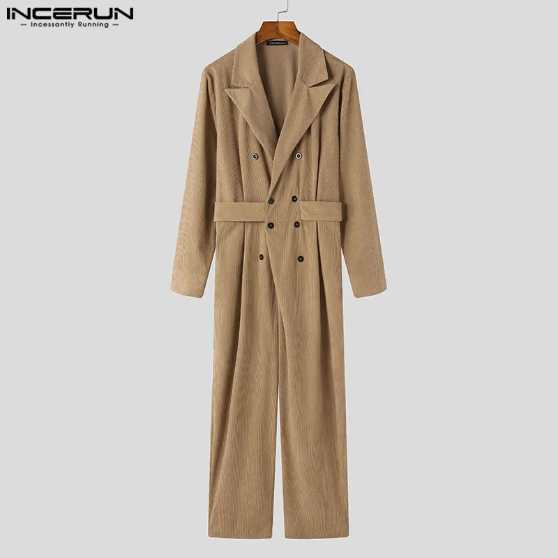 INCERUN Men Jumpsuits Solid Color Corduroy Lapel Long Sleeve Double Breasted Casual Rompers Men Streetwear 2024 Fashion Overalls