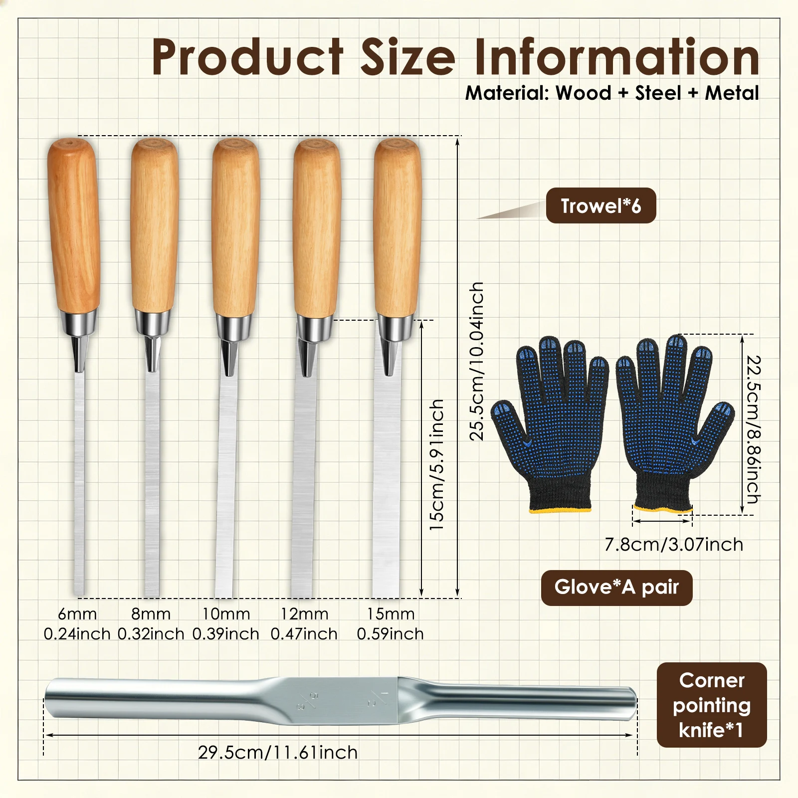 5/10 Pcs Pointing Trowel 6mm 8mm 10mm 12mm 15mm Wood Handle Masonry Grout Trowel Steel Pointing Tools for Brick Wall Grouting
