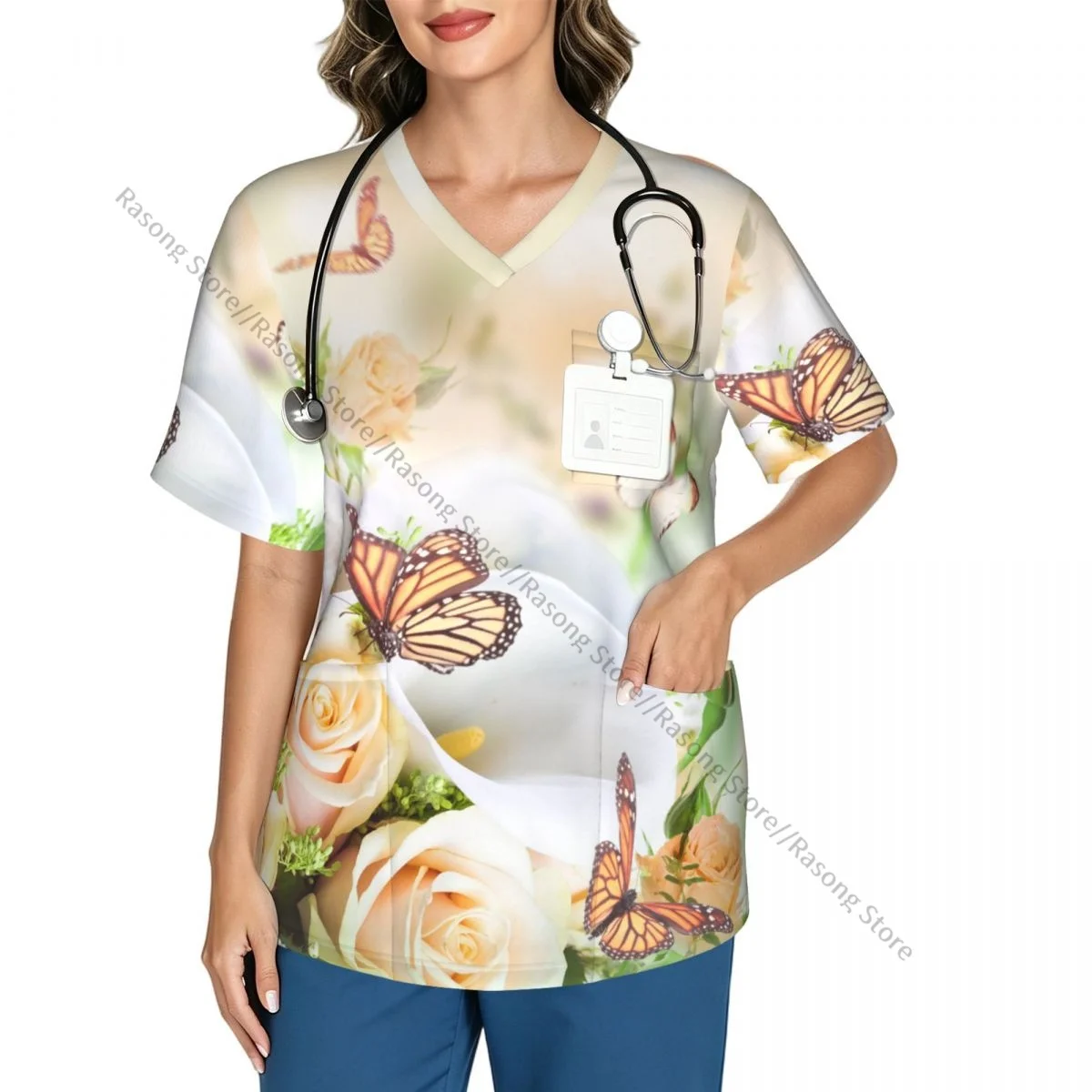 Roses And Calla Lilies Butterfly Bouquet Scrubs tops medical uniforms women V Neck Stretch Scrub Shirt Dentist doctor Blouse
