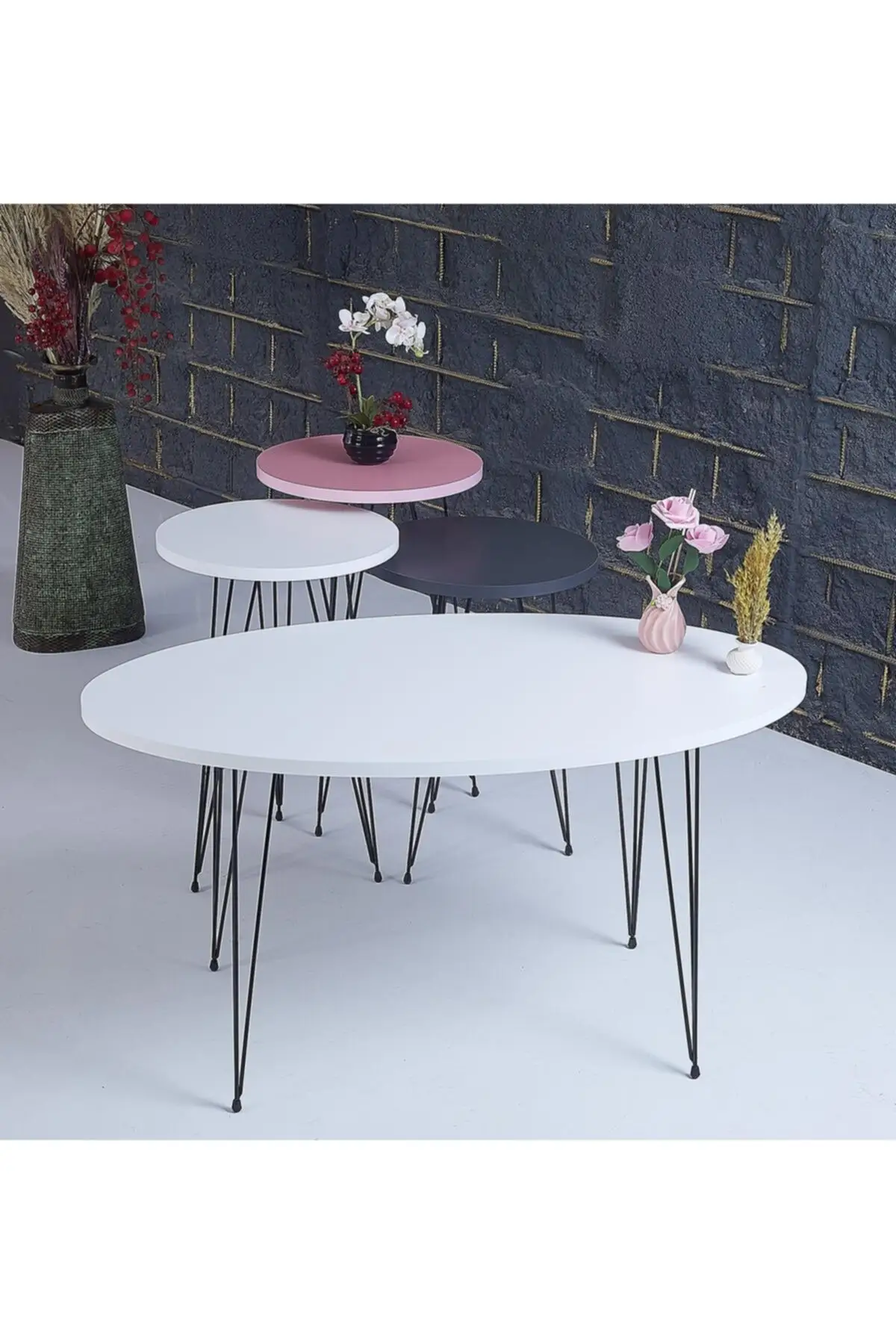 

DOLBOVI Rupon Home 3 PCs Zigon Medium Coffee Table Set Ellipse-pink Anthracite White Coffee Table