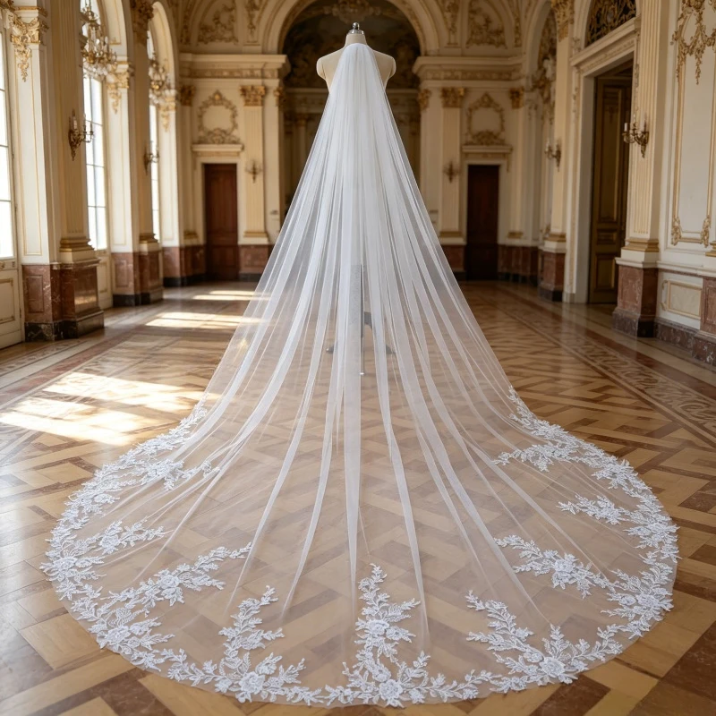 Embroidered Flower Spice Veil 118 Inch Long with Hair Comb Spice Application Wedding Veil Church Bridal Veil with Flower Spice