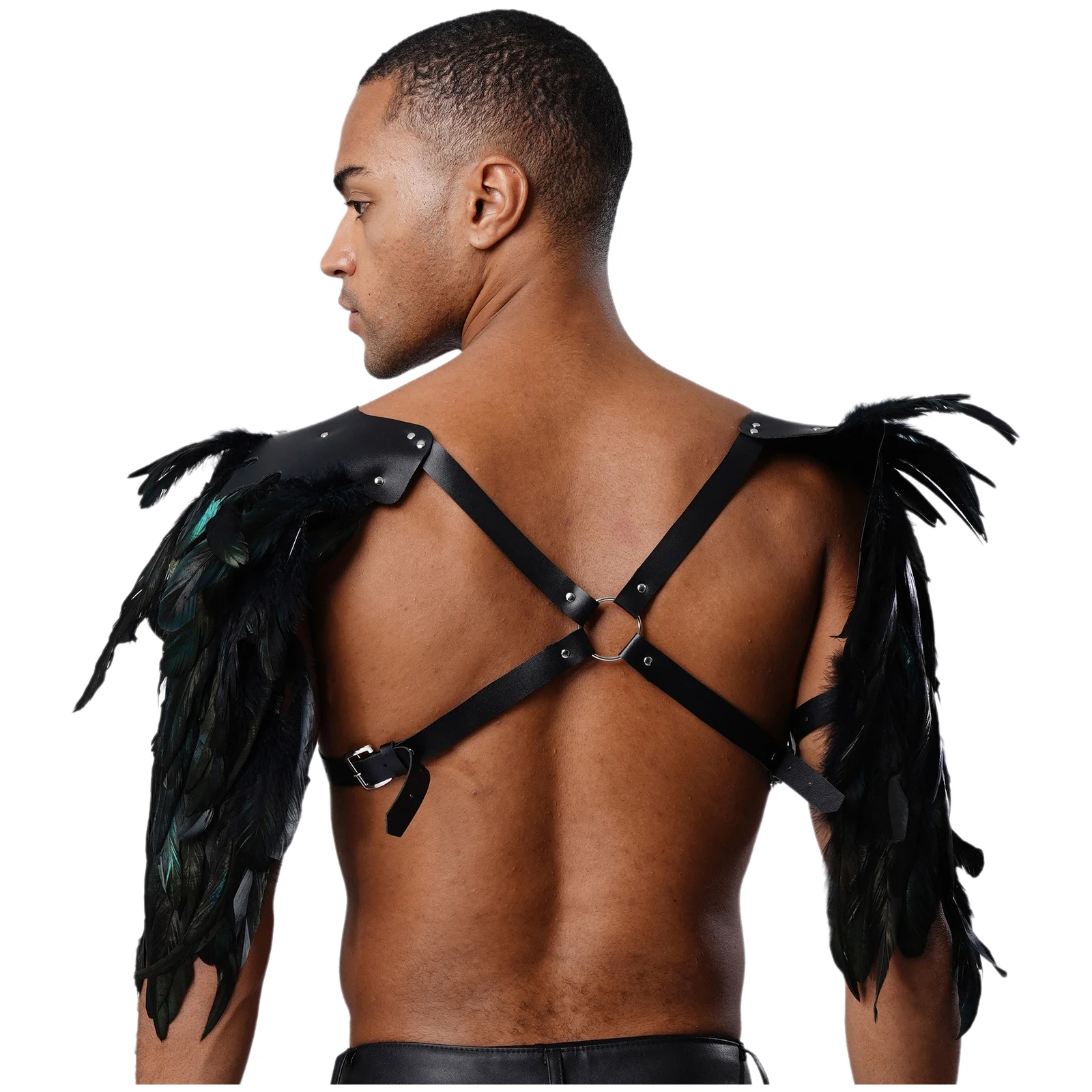 Męska Gotycka Punkowa Płaszczka na Ramię z Piórami, Paski, Nity, O-ringi, Łączona Uprząż na Klatkę Piersiową, Narzutka, Szal, Akcesorium na Halloween, Imprezę Cosplay