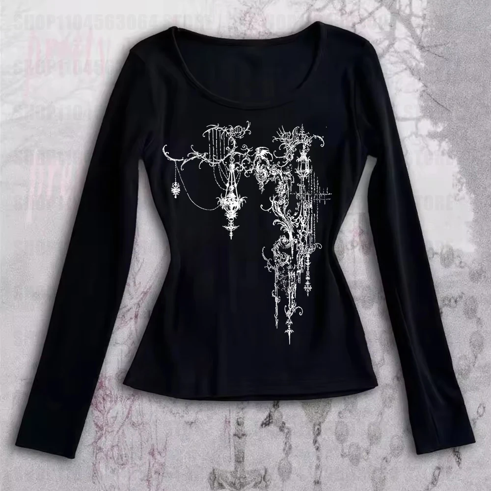 

Wings Graphic Print Black T-shirt Women Autumn Clothes Y2K Cyber Grunge Pullovers Tees 00s Retro Aesthetic Cottage Crop Tops