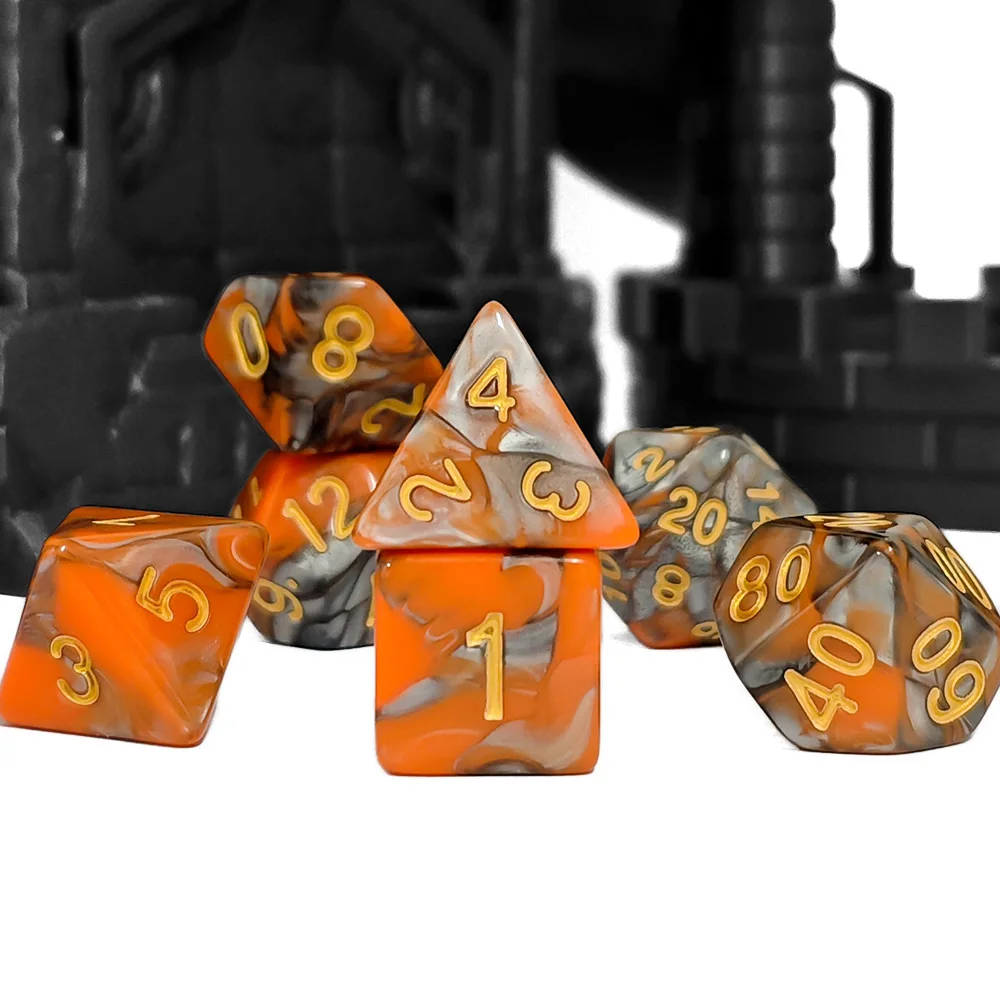 Fire & Ash Swirl Dice Set, 7Pcs Orange Gray Marbled DND Dice with Gold Ink for Fantasy TTRPG & Role Playing view 3