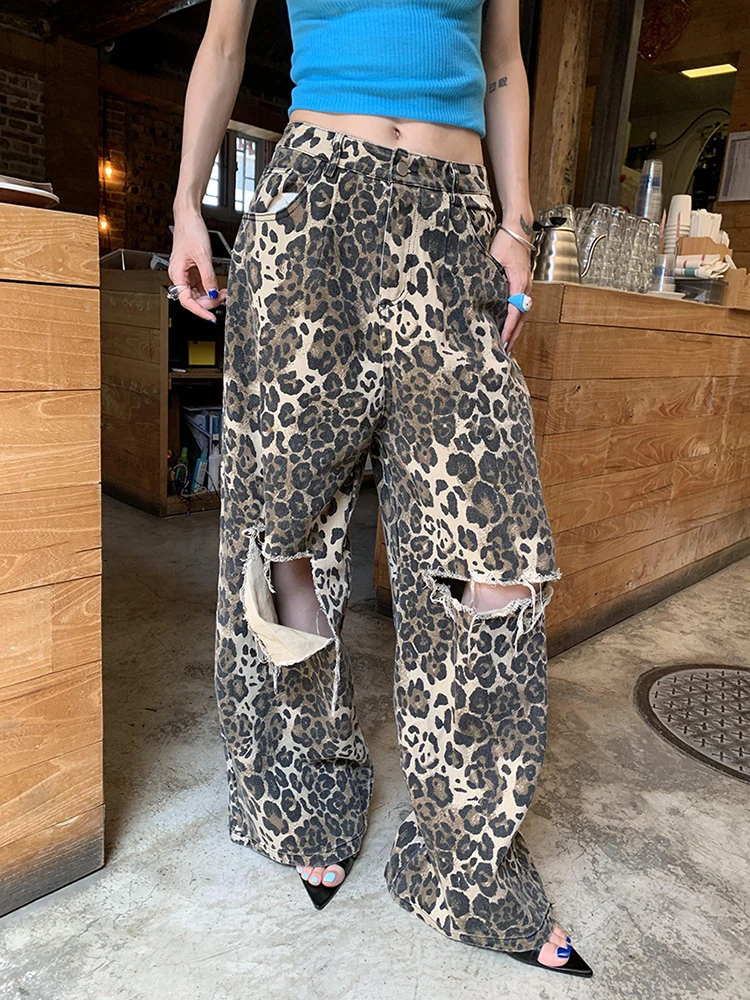 TWOTWINSTYLE Leopard Ripped Wide Leg Jeans For Women High Waist Patchwork Button Loose Fashion Denim Pant Female Clothing New