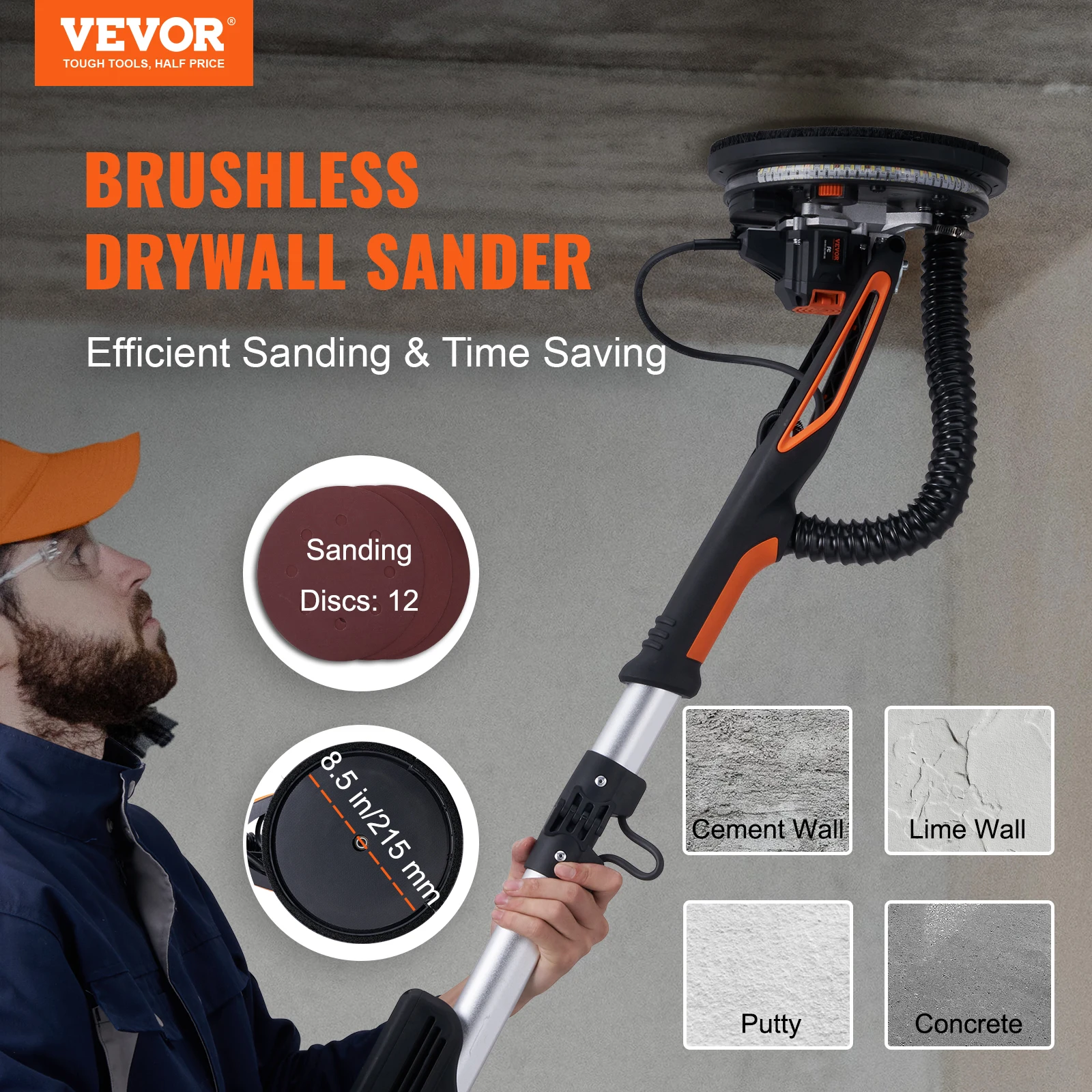 VEVOR 215MM Electric Drywall Sander Brushless Pole Wall Polisher 810W Dry Wall Sander LED Strip Light Wall Sanding Household