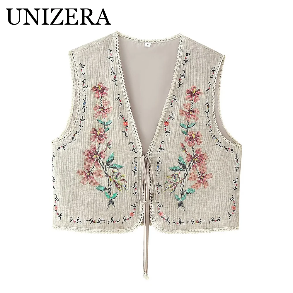 

European and American style women's summer new V-neck cardigan flower embroidery lace up vest women's top