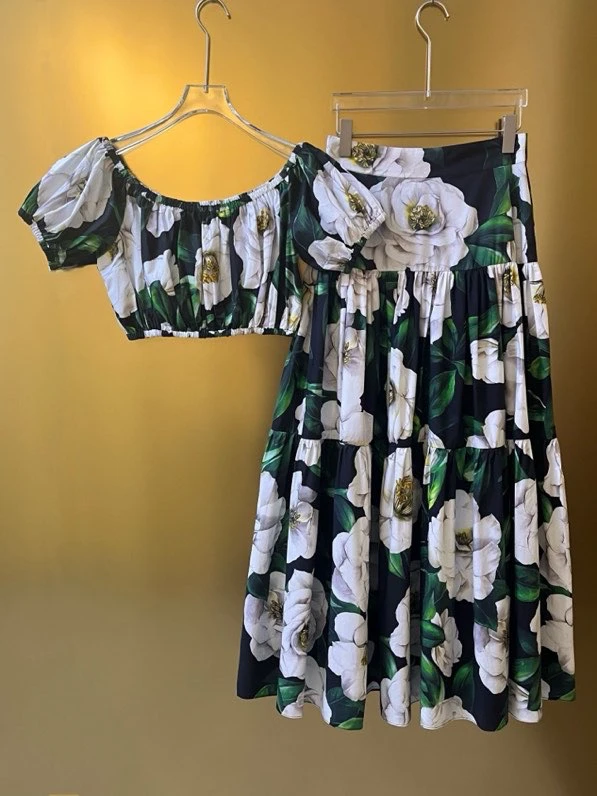 

Faionable Cotton Print Long f Skirt Set with oulder Cross Design Blue Baund Lotus Flower Women's Summer Casual Wear