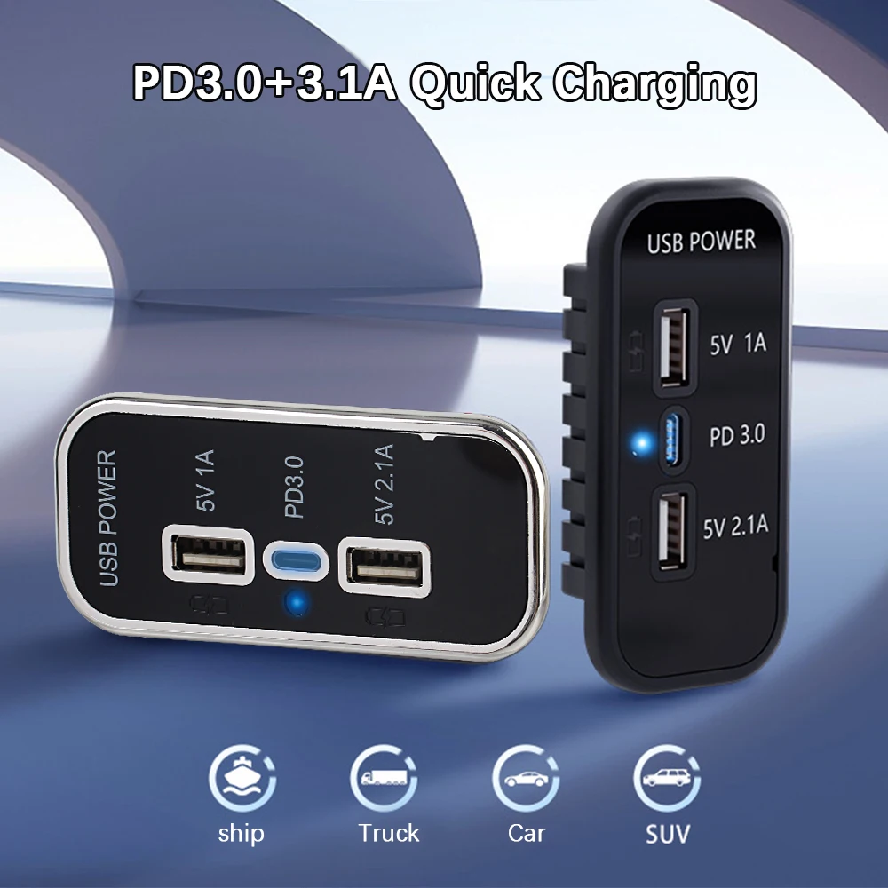 Podwójne gniazdo ładowarki USB 12/24 V Adapter ładowania samochodu 3-portowe gniazdo ładowarki USB Panel szybkiego ładowania do montażu na ścianie