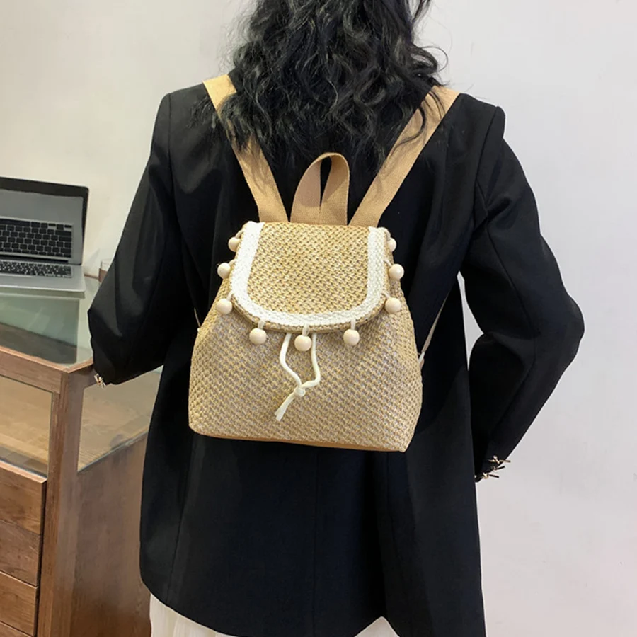 

Casual Straw Woven Mini Backpack, Women's Lightweight Rattan Crossbody Bag, Flip-top Shoulder Bags for Summer Beach Travel Purse