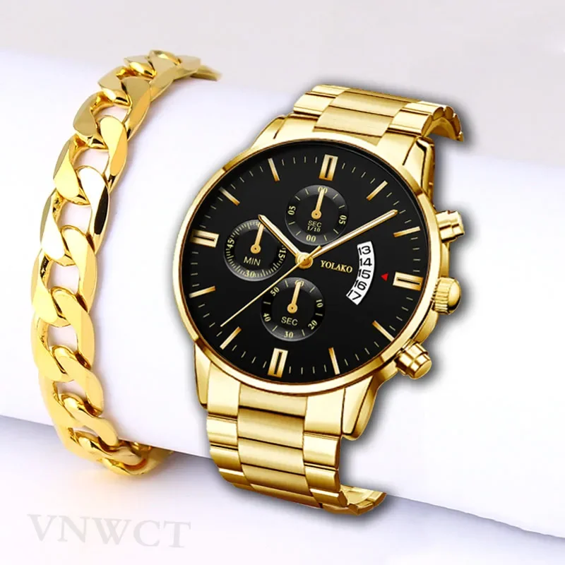 Luxury Fashion Men Steel Watch Calendar Quartz Wristwatch Chain Bracelet Business Watches Man Clock for Men Relogio Masculino