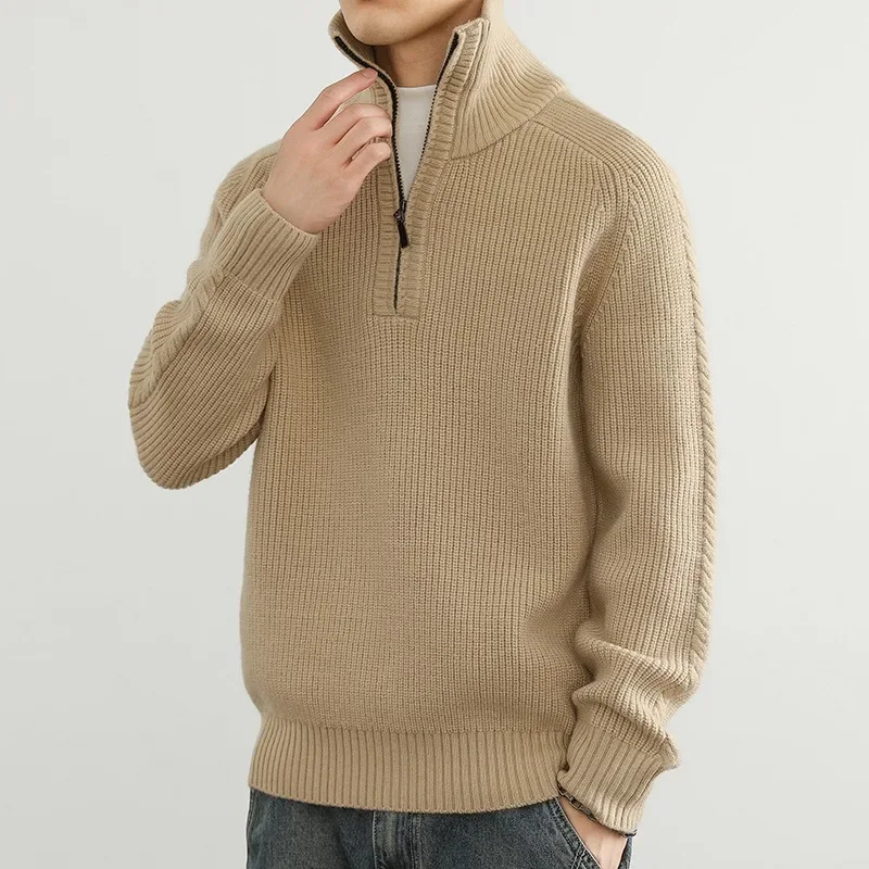 

Coffee Colored Sweater Men's 2024 Spring and Autumn Winter Stand Collar Knitted Jacket Men's Loose Casual Sweater