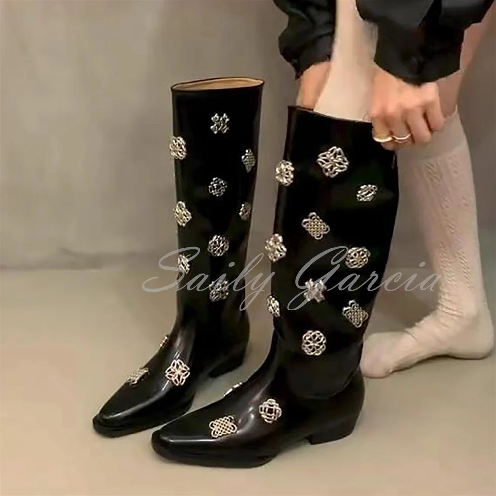 

Женские сапоги до колена с квадратным носком, украшенные кристаллами, черные кожаные сапоги без шнуровки на массивном каблуке, зима 2025, роскошные длинные сапоги ручной работы