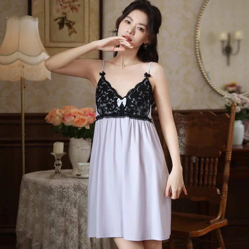 Women Summer Spaghetti Strap Nightdress Sexy Lace V-Neck Embroidery Nightie Loose Design Knee-Length Short Sleeveless Nightgowns