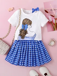 Girls' Set Round Neck Short Sleeve Bow Lmage Top T-Shirt Plaid  Skirt New Fashion Home Travel Leisure