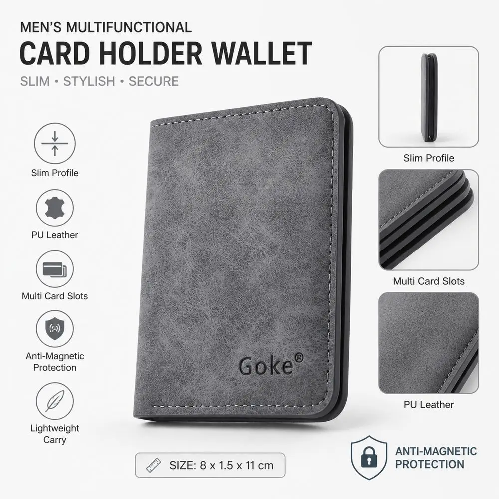 Slim Profile Men's Card Holder Mini Size Anti-Magnetic Bifold Wallet Multi Card Slots Multifunctional Driver's License Holder