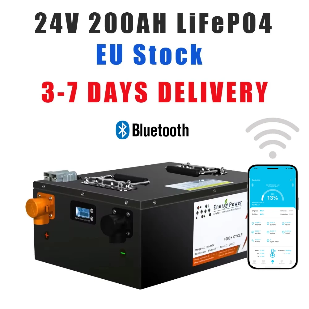 

24V 200Ah LiFePo4 Battery Pack Bluetooth BMS 25.2V Lithium Iron Phosphate Battery For Solar Boat no Tax